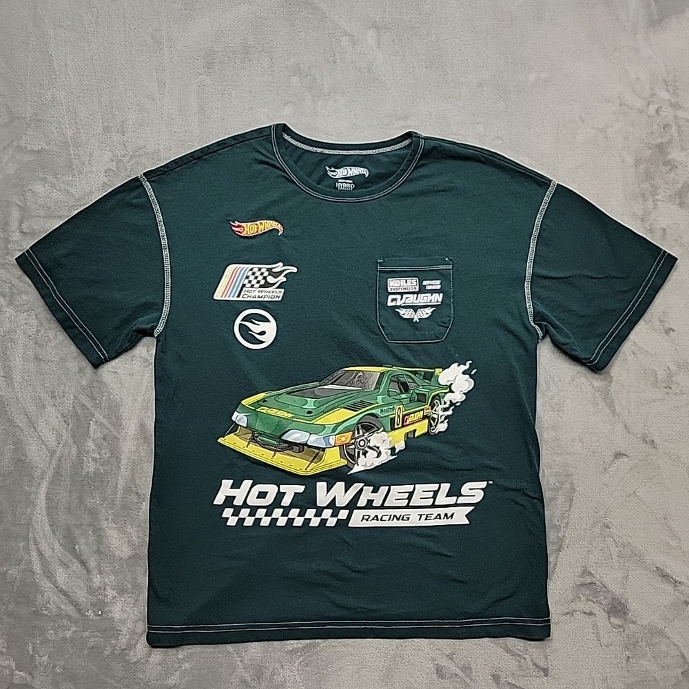 Hot Wheels Shirt Mens Medium Green Racing Team Graphic Pocket Tee Skater Retro